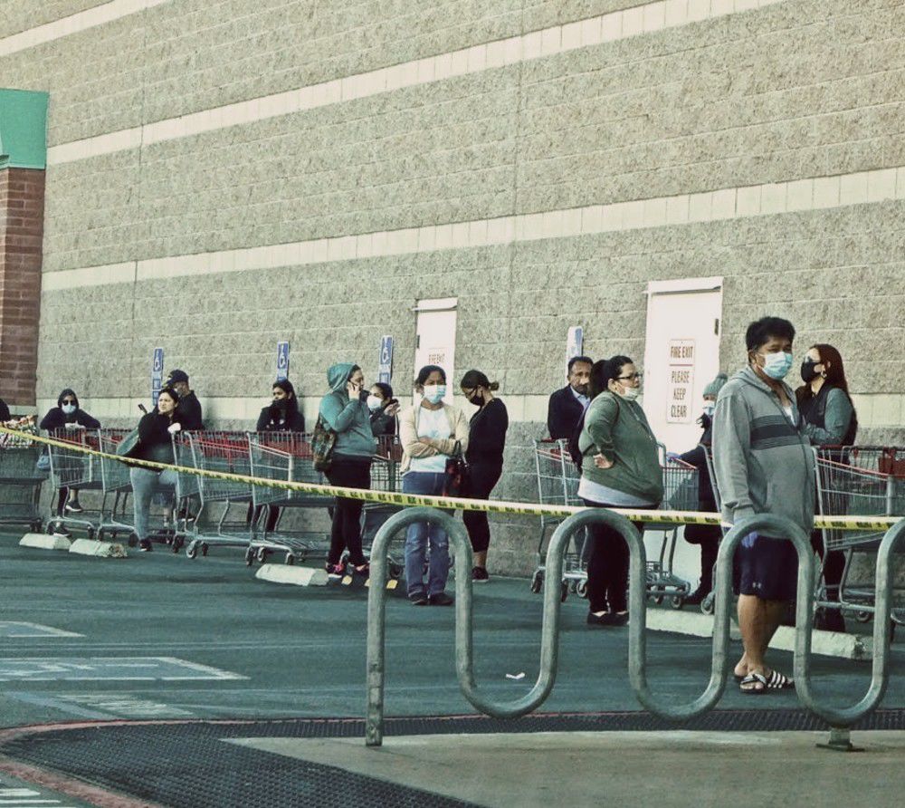 Customers with face masks lined up at Costco in Atwater Village